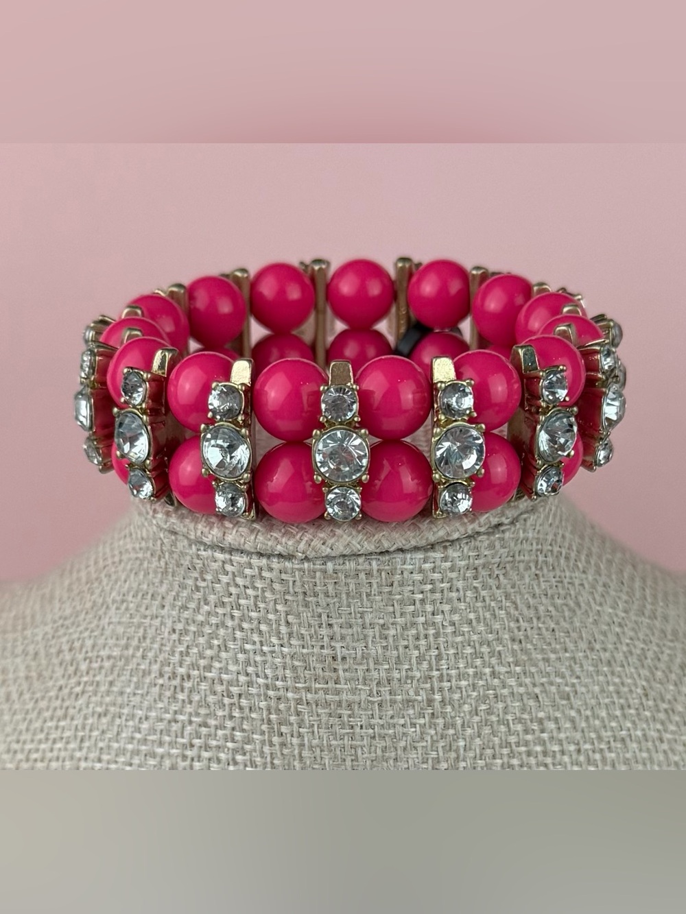 J Crew Hot Pink Beaded & Crystal Accent Stretch Bracelet - NWT